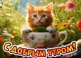 Picture классная открытка с котенком с чашке с добрым утром!