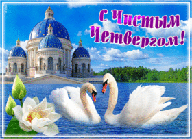 Картинка открытка с чистым четвергом с лебедями