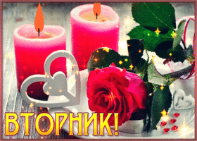 Picture открытка вторник с горящими свечами и розой