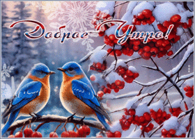 Postcard сказочная гиф-открытка со снегирями, доброе утро