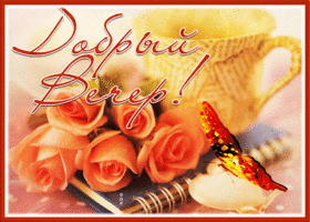Postcard сказочная картинка добрый вечер с розами и бабочкой